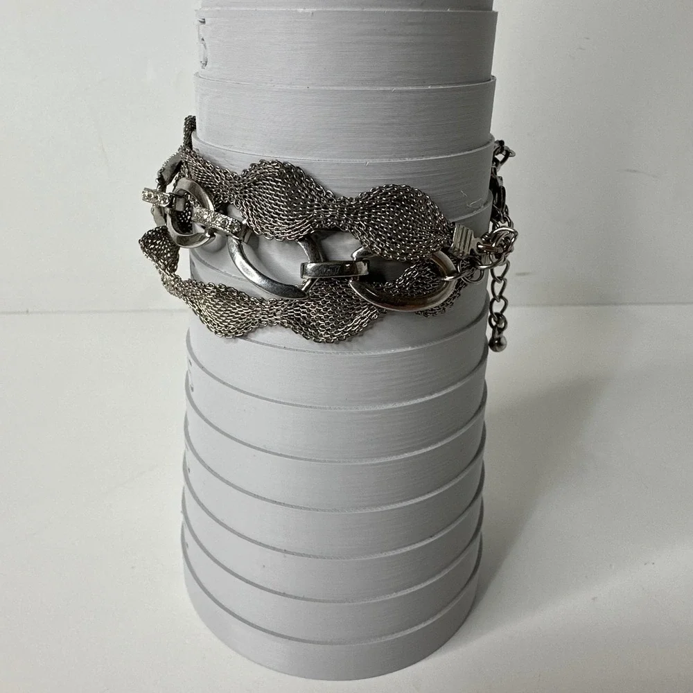 Layered Silver Tone Mesh Bracelet Multi‎ Strand Rhinestone Oval Statement Event